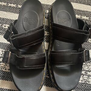 Dr. Martens Black Leather Double-Strap Slide Sandals with Yellow Stitching